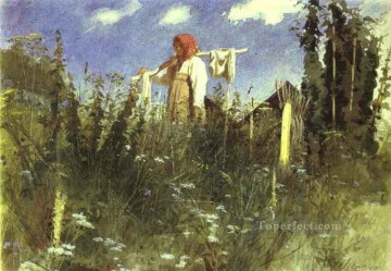 Ivan Kramskoi Painting - Girl with Washed Linen on the Yoke Democratic Ivan Kramskoi